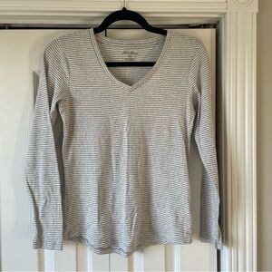 Eddie Bauer Gray and White Striped Long Sleeve Tee